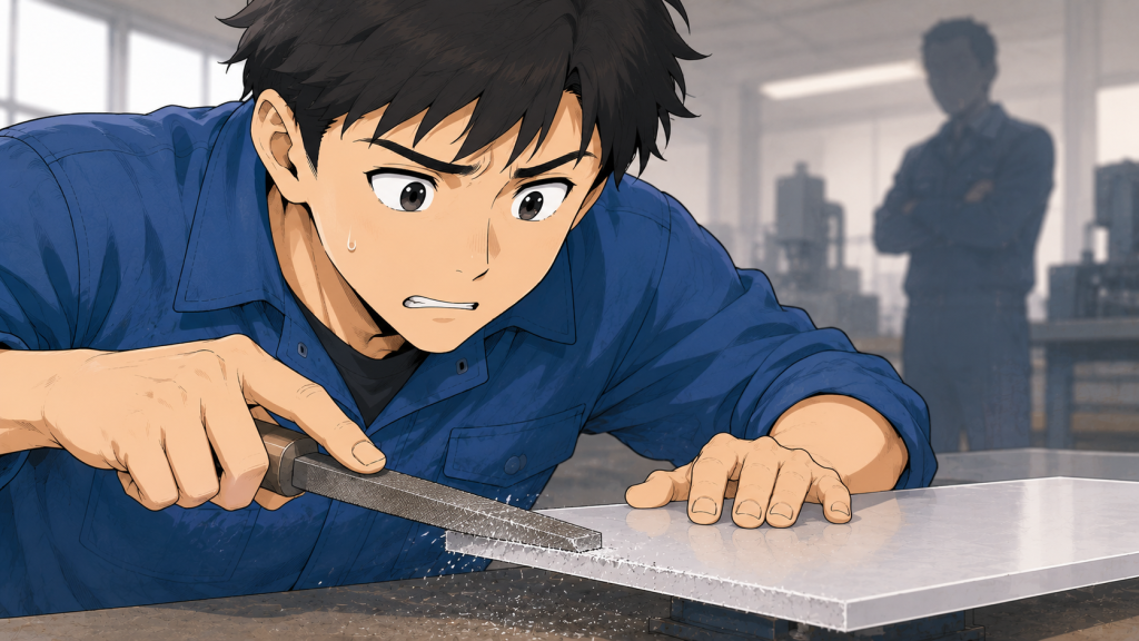 ヤスリで樹脂のバリ取りをして苦戦している技術者のイラスト