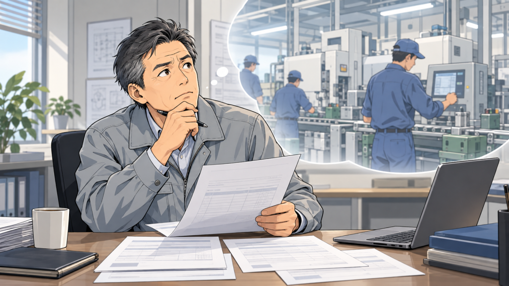 見積書を手に、設備を導入したあとの製造現場を思い浮かべながら検討する工場責任者