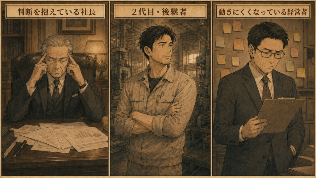 漫画風セピアトーンの3コマイラスト。
左コマ「判断を抱えている社長」:60代の男性が両手でこめかみを押さえ、
書類の前で考え込んでいる。
中コマ「2代目・後継者」:作業着姿の男性が腕を組み、
工場を背景に遠くを見ている。
右コマ「動きにくくなっている経営者」:眼鏡をかけた男性が
クリップボードを見ながら眉をひそめている。