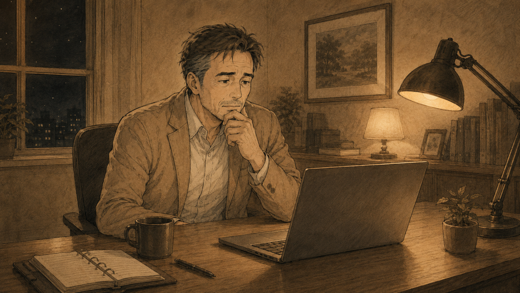 漫画風セピアトーンのイラスト。夜の部屋でデスクに座る男性。
ノートパソコンの画面を見つめながら、顎に手を当てて考え込んでいる。
コーヒーカップと手帳がデスクに置かれている。
間接照明の温かい光。静かで孤独な雰囲気。