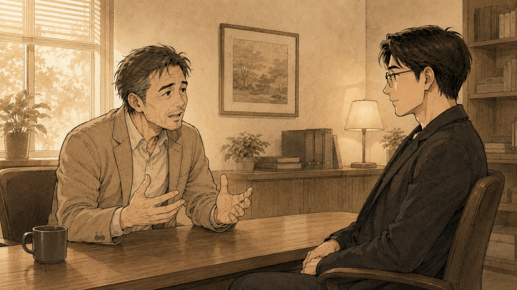 漫画風セピアトーンのイラスト。木製の机を挟んで向かい合う2人の男性。
左側の男性が両手を動かしながら前のめりで話している。
右側の男性は落ち着いた姿勢で静かに聴いている。
温かみのある室内。安心感のある雰囲気。