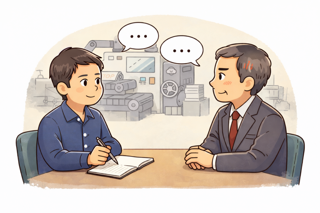 機械導入の前に社長と対話し最適解を探す様子を描いたイラスト