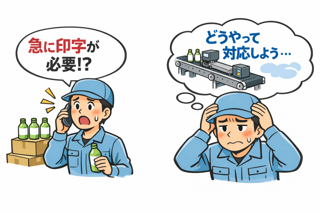 急な底面印字対応が必要になり困惑する作業者と、搬送・印字方法に悩む現場のイメージイラスト