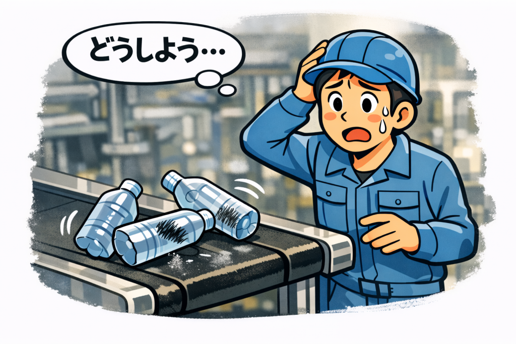 容器が倒れて印字や搬送が安定しない生産ラインの課題を表現したイラスト。グリップコンベア導入前のBefore状態。