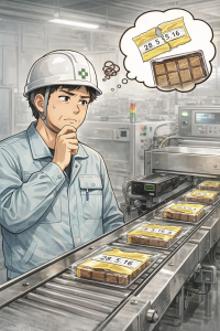 包装ラインを見ながら開封後に賞味期限が残らない課題について考える現場作業者のイラスト