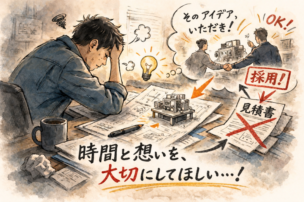 見積段階で描いた構想図やアイデアが流用される苦い体験を描いた漫画風イラスト。図面有償の背景と、時間と想いの価値を伝えている。