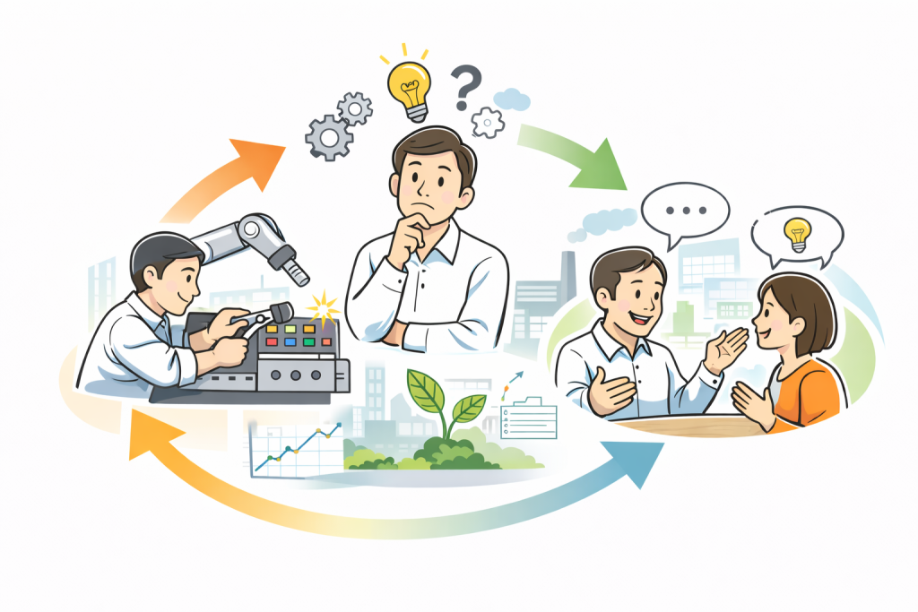 生産設備の技術検討から現場での問い直し、対話を通じた改善提案までを同一人物が担い、現場の判断や運用を含めて持続可能な生産環境を支援する様子を表したイラスト