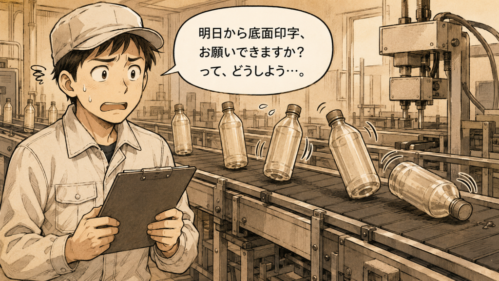 漫画風イラスト。クリップボードを持った作業員が困惑した表情で汗をかいており、吹き出しに「明日から底面印字、お願いできますか？って、どうしよう…。」と書かれている。背景には平コンベア上でペットボトルが横倒しになっている工場の様子。