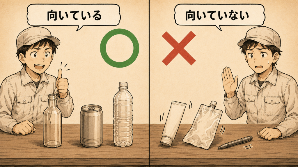 漫画風イラスト。左パネル「向いている」：作業員がサムズアップし、机の上に瓶・缶・ペットボトルが安定して並んでいる。緑の〇マーク。右パネル「向いていない」：作業員が手を挙げて制止するような表情で、机の上にチューブ容器・軟包材パウチ・ペン状の細い物が倒れたり不安定な状態で置かれている。赤の×マーク。