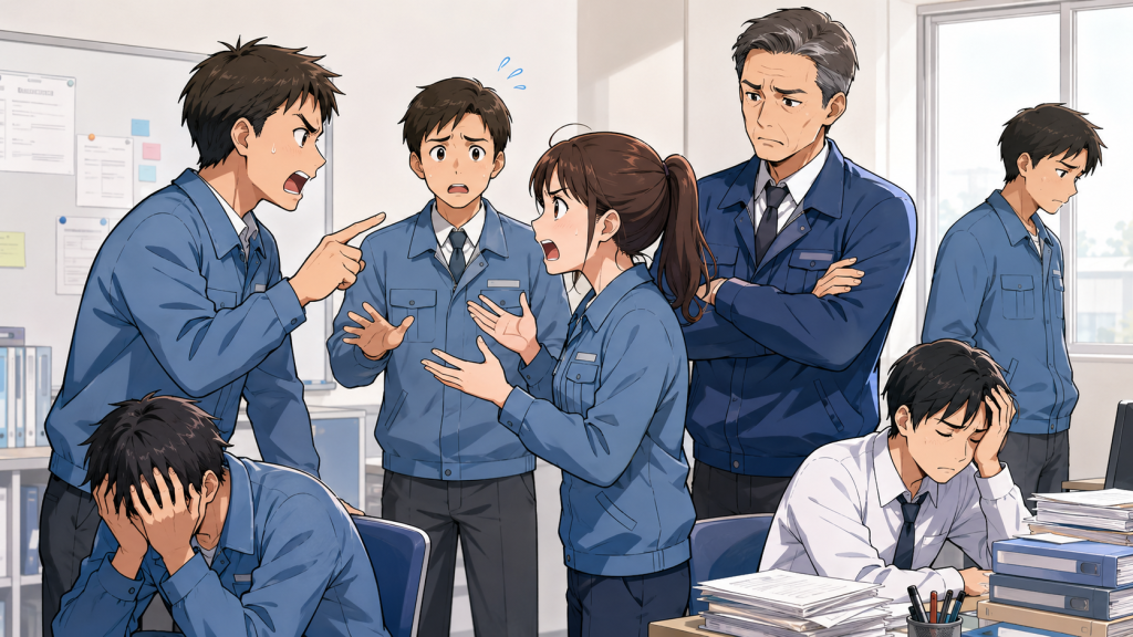 機械化をめぐり社長と現場が対立し、停止した工場のイメージイラスト