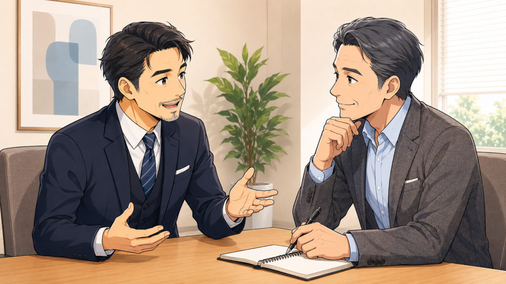 機械導入の前に社長と対話し最適解を探す様子を描いたイラスト