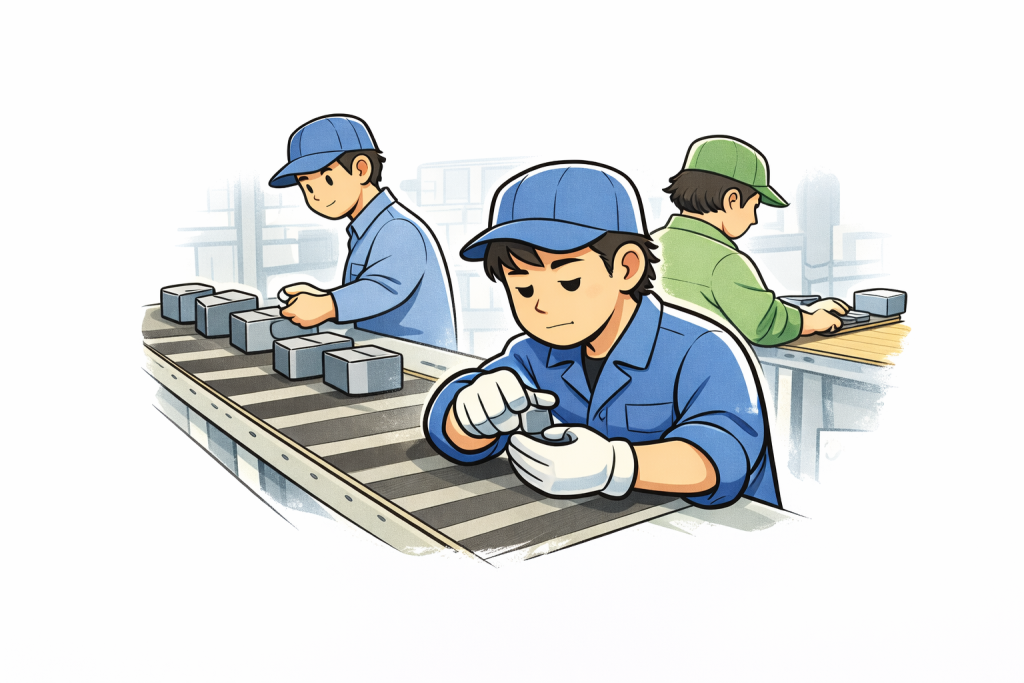 工場の作業台で、青い作業着のスタッフが部品を手に取り、丁寧に確認しながら作業しているイラスト。後ろでも別の作業者が同じ工程に取り組んでいる。
