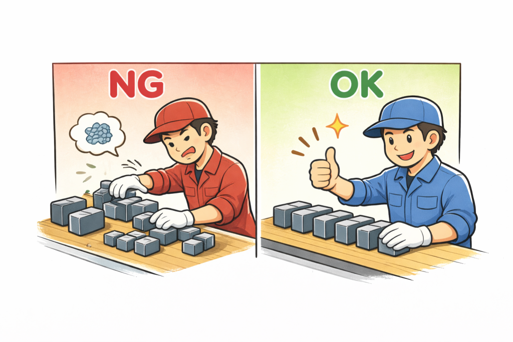 左側で雑に部品を扱う作業者と、右側で整然と部品を並べて作業する作業者を対比して描いたイラスト。作業の質の違いを表現している。