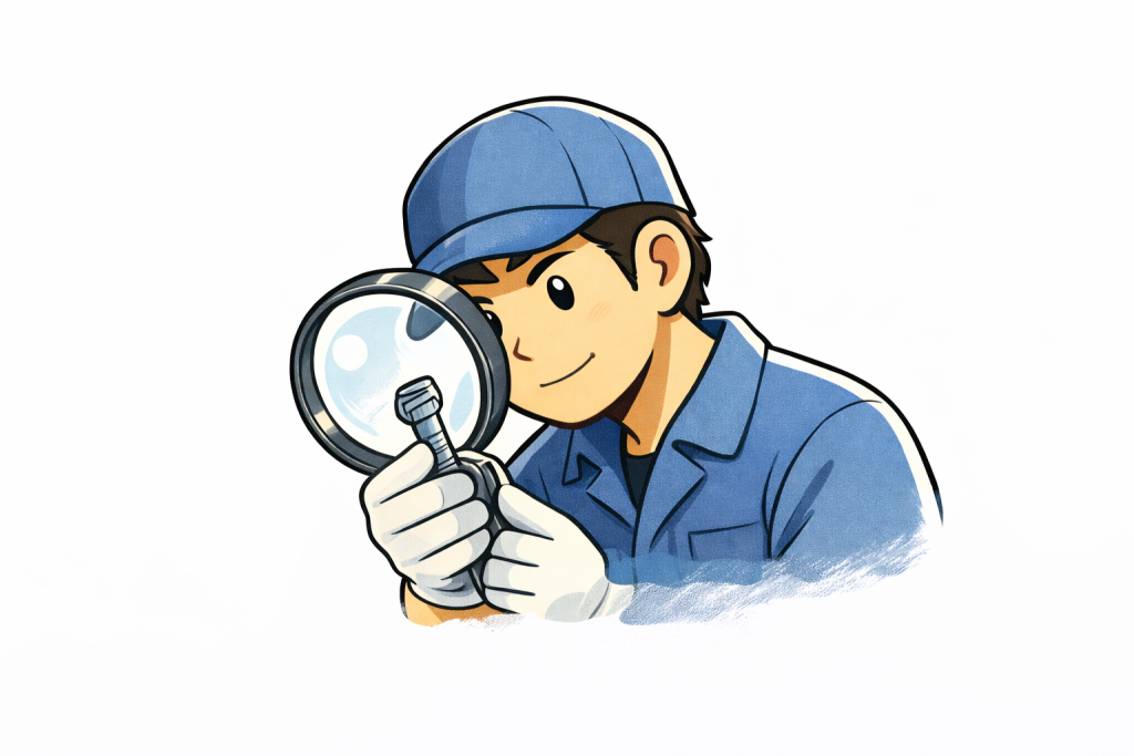青い作業着のスタッフが虫眼鏡を使って小さな部品を確認しているイラスト。細かな部分まで注意を払う現場の姿勢を表している。