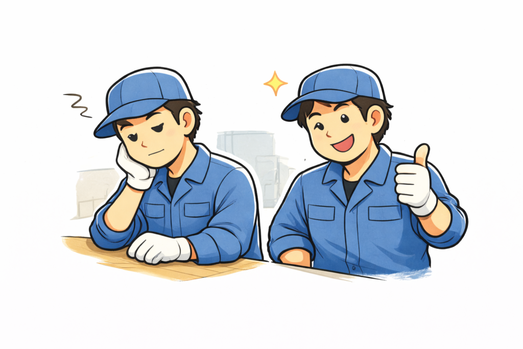 左で気の乗らない表情を見せる作業者と、右で前向きに親指を立てる作業者を並べて描いたイラスト。仕事への向き合い方の違いを表現している。