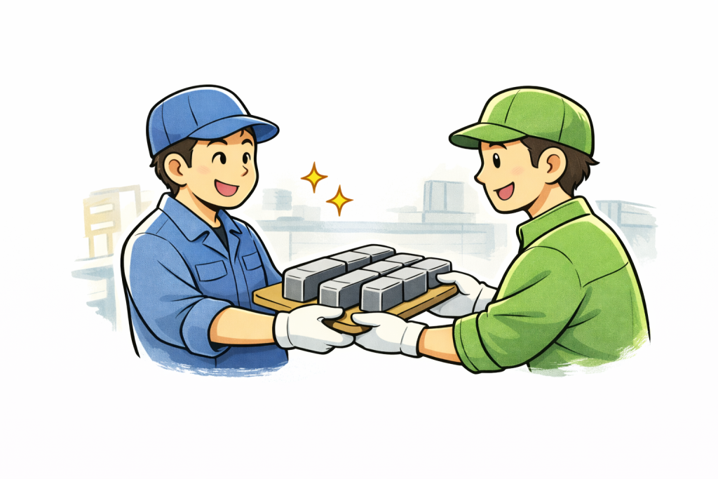 青い作業着のスタッフが、整えて並べた部品を載せたトレーを別の作業者に笑顔で受け渡しているイラスト。次工程への配慮を表している。