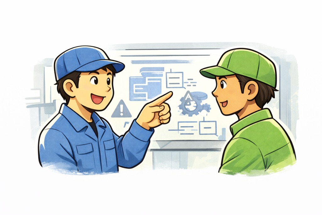 青い作業着のスタッフが、別の作業者に向かって指差ししながら説明しているイラスト。背景には図や記号があり、現場で考え方や注意点を伝えている様子を表している。