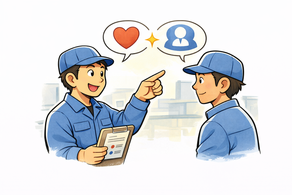 クリップボードを持った作業者が、別の作業者に仕事の考え方を説明しているイラスト。吹き出しの中のハートと人のマークで、思いやりやお客様意識を表現している。