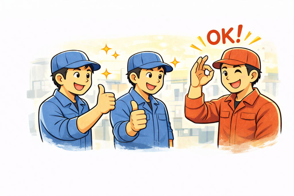 3人の作業者が笑顔で親指を立てたりOKサインを出したりしているイラスト。明るく前向きな現場の雰囲気を表している。