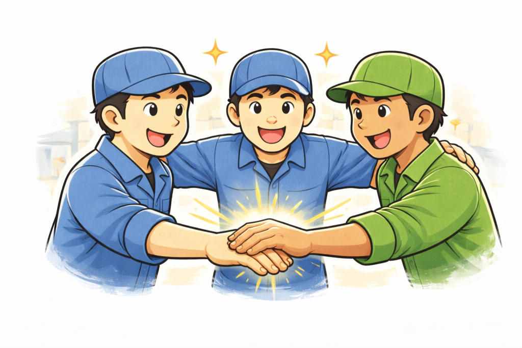 3人の作業者が中央で手を重ね、笑顔でつながっているイラスト。仕事観や想いを共有しながら現場をつくっていく様子を表している。