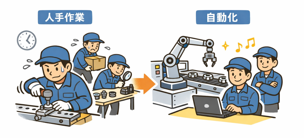 手作業で組立や検品、搬送を行う作業者たちと、自動化設備を活用して少人数で安定運用する現場を対比して表したイラスト。
