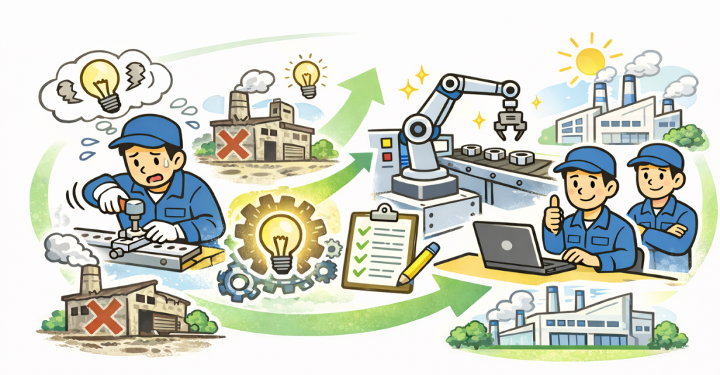 手作業中心で負担の大きい現場から、自動化設備と仕組みづくりによって安定して続けられる生産現場へつなげていく流れを表したイラスト。