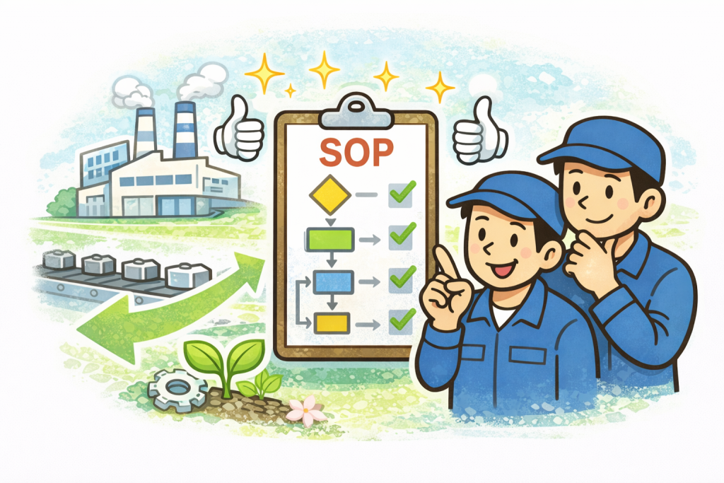 手順書やチェック項目をもとに作業の流れを標準化し、誰が担当しても同じように進めやすい現場づくりを表したイラスト。