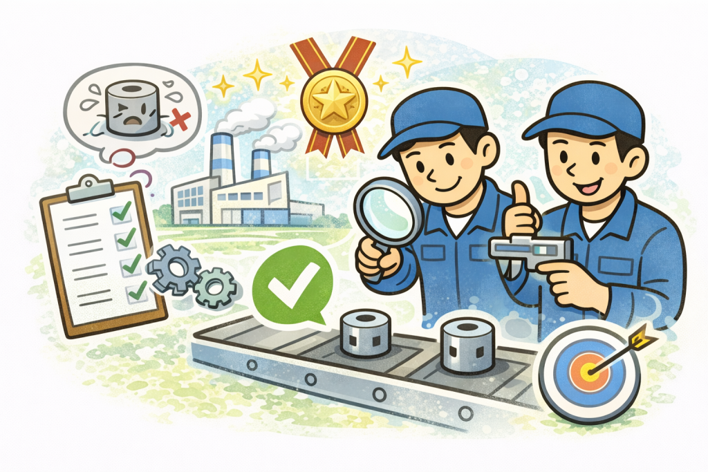 部品を確認しながら検査や測定を行い、ばらつきを抑えて安定した品質につなげていく様子を表したイラスト。