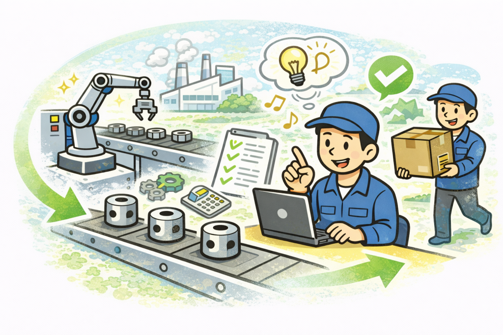 自動化によって作業者が別の仕事に動ける現場を表したイラスト。