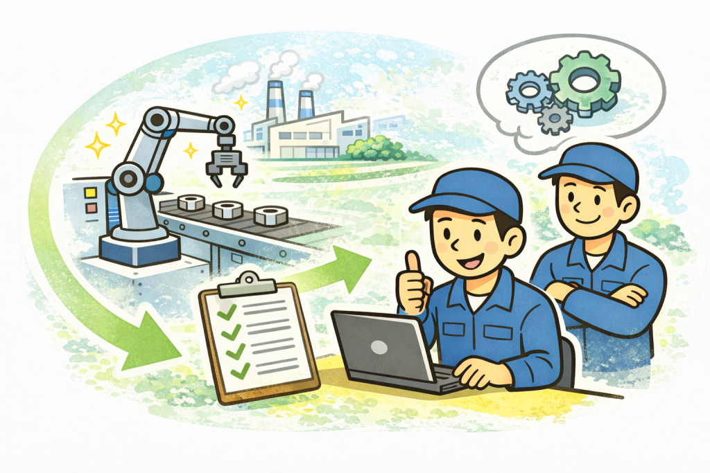 少ない人数でも現場を安定して回しやすい状態を表したイラスト。