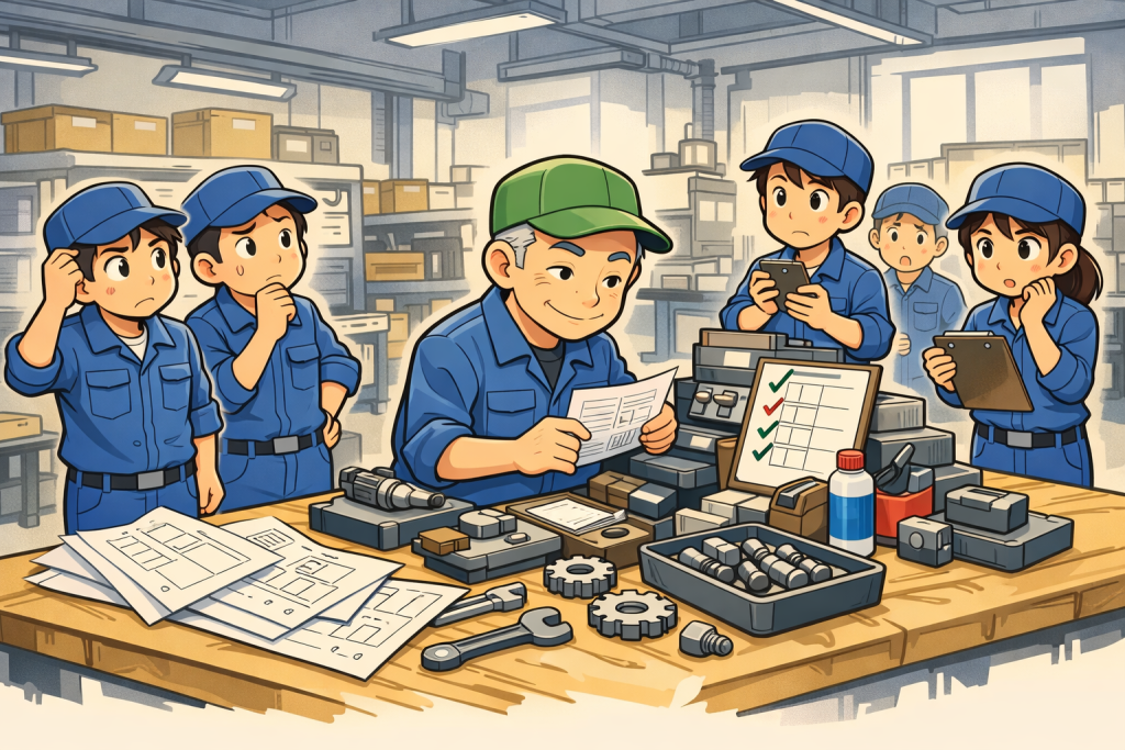 町工場の現場で、ベテラン作業者の周りに図面や工具、部品、チェック表が集中し、他の作業者が戸惑いながら見ている様子を表したイラスト。