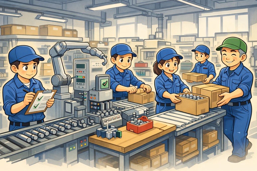 自動化設備と作業の仕組み化によって、複数の作業者が確認、箱詰め、受け渡しなどを分担しながら落ち着いて現場を回している様子を表したイラスト。