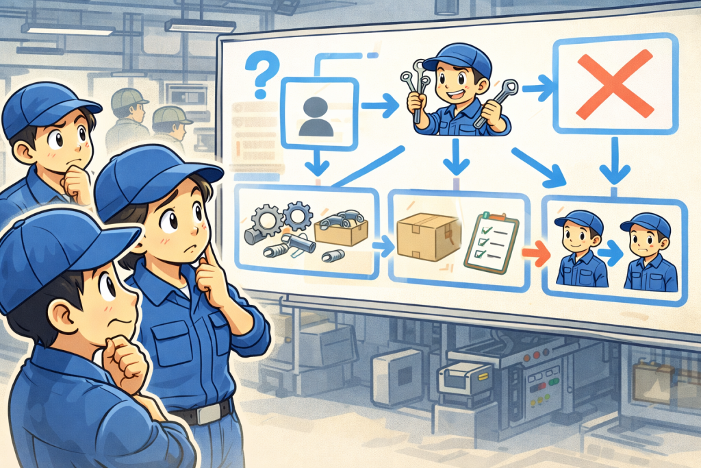 町工場の現場で、作業者たちが仕事の流れや役割分担の図を見ながら、属人化を個人の問題ではなく仕組みの偏りとして捉え直している様子を表したイラスト。