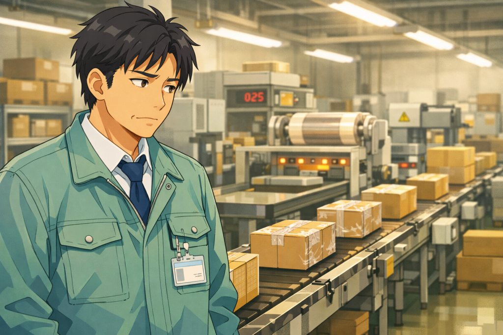 静かな包装ラインの前で、中年の日本人工場長が一人立ち止まり、流れる箱を見つめながら、何かがおかしいと感じつつも原因がつかめずに考え込んでいる、温かみのあるアニメ調の工場イラスト。