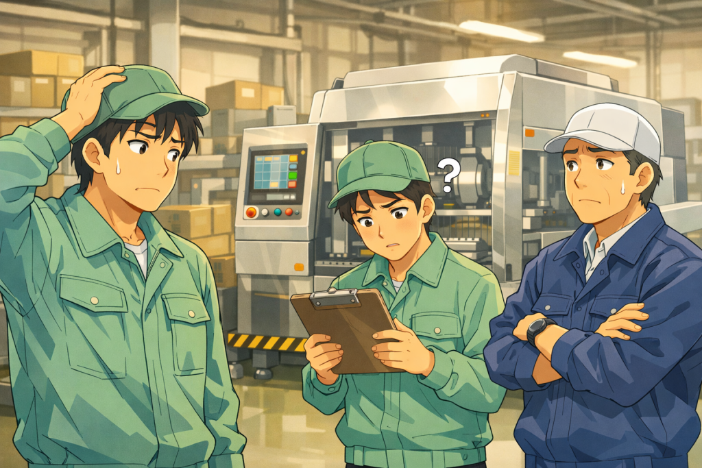 日本の工場に新しい機械が設置されたものの、作業者たちは戸惑った表情を見せ、ひとりは頭をかき、ひとりはクリップボードを見つめながら困惑している。立派な機械が現場になじみきっておらず、期待と現実のずれが伝わる、温かみのあるアニメ調のイラスト。
