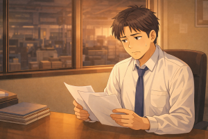 夕方のデスクで、日本人の工場経営者が書類を手にしながら静かに考え込んでいる。窓の向こうには薄暗い工場が見え、怒りでも悲しみでもない、何かがおかしいのに原因がわからないという戸惑いがにじむ、温かみのあるアニメ調の横長イラスト。