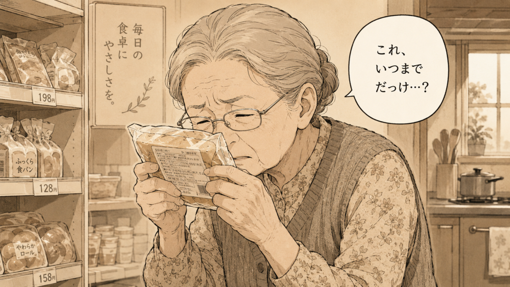 漫画風イラスト。スーパーの売り場で、高齢の女性が食品パッケージを顔に近づけて、小さな文字を読もうと目を細めている。吹き出しに「これ、いつまでだっけ…？」の文字。読めない・伝わっていない状況を表している。