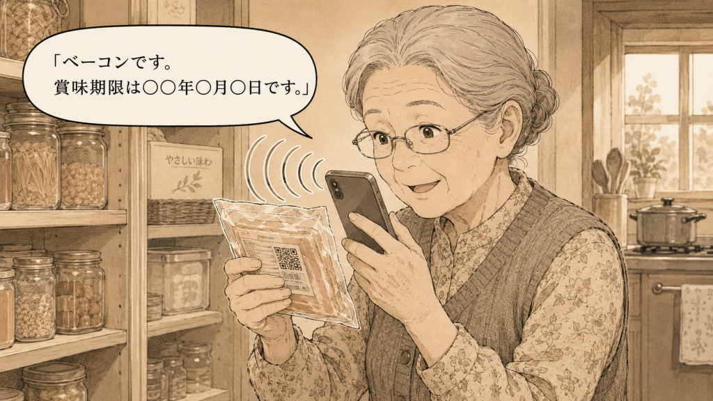 漫画風イラスト。同じ高齢女性がスマートフォンで食品パッケージのQRコードをかざしている。スマートフォンから音波が広がり、吹き出しに「ベーコンです。賞味期限は〇〇年〇月〇日です。」と表示されている。表情は明るく安堵している。