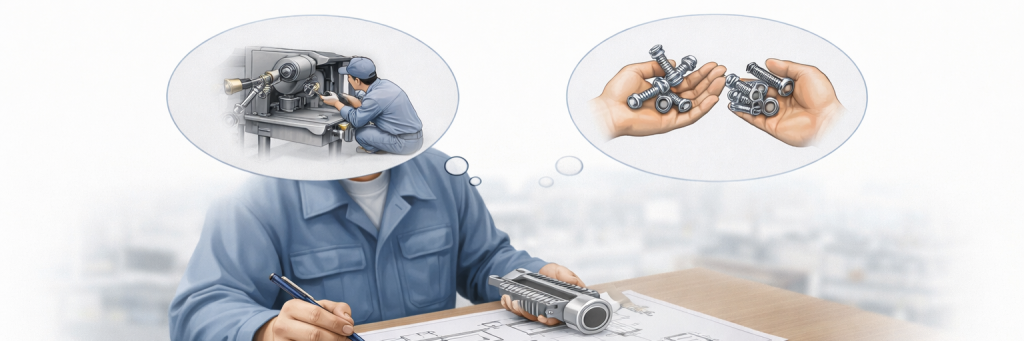 図面を見ながら、加工のしやすさや狭い場所での作業性、部品の扱いやすさまで想像しつつ機械設計を考えている様子を表したイラスト。