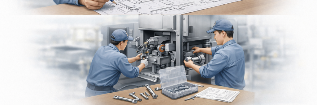 作業者が機械を組み立てながら、工具の入りやすさや調整のしやすさ、実際の組立手順まで意識して機械づくりを進めている様子を表したイラスト。