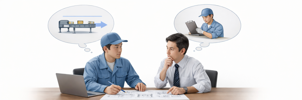 図面を見ながら打ち合わせを行い、機械の仕様だけでなく、現場での使われ方や次工程とのつながりまで考えながら設計を検討している様子を表したイラスト。
