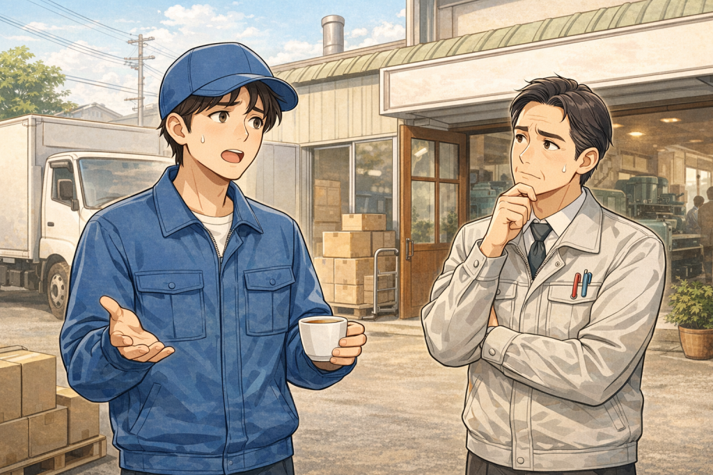 小さな工場の前で、作業服姿の配達員が不安そうな表情で説明し、それを工場の経営者が心配しながらも考え込むように聞いている、あたたかみのある漫画調のイラスト。トラックや工場の入口が背景に描かれている。