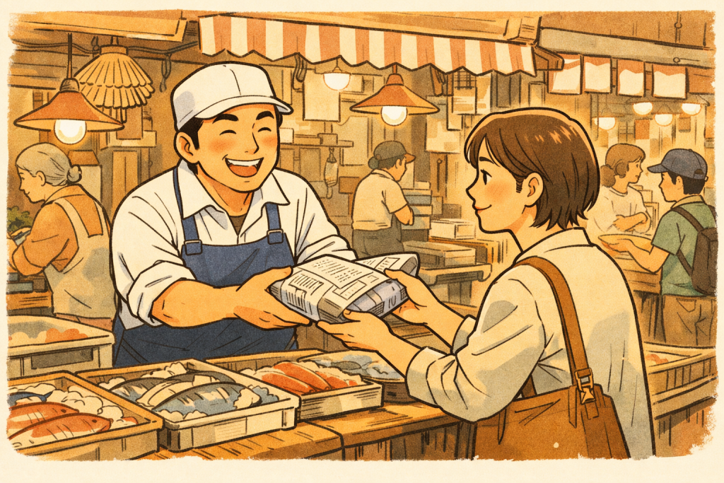 昔ながらの日本の市場で、明るい表情の魚屋が新聞紙で包んだ魚を客に手渡している、懐かしい商店街の雰囲気を描いた漫画調のイラスト。魚の並ぶ店先や人の行き交う背景が、あたたかくレトロな空気を伝えている。