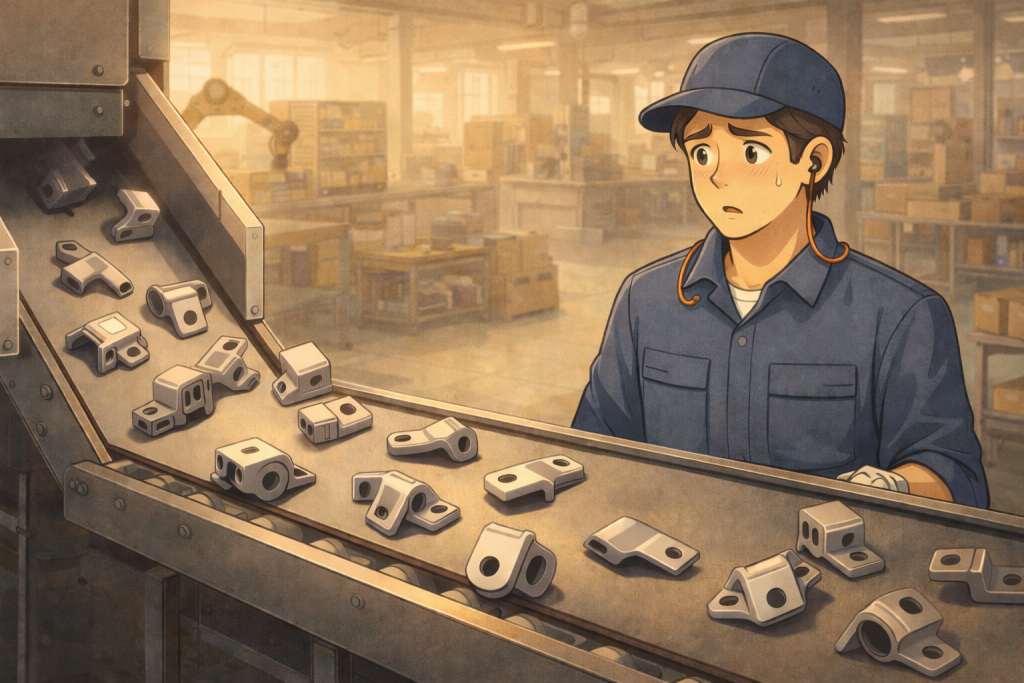 工場のコンベア上で部品がばらばらの向きのまま流れ、整列しない状態を、作業員が困惑した表情で見つめている温かみのあるアニメ調の横長イラスト。部品ごとに傾きや位置が微妙に異なり、不安定な流れが表現されている。