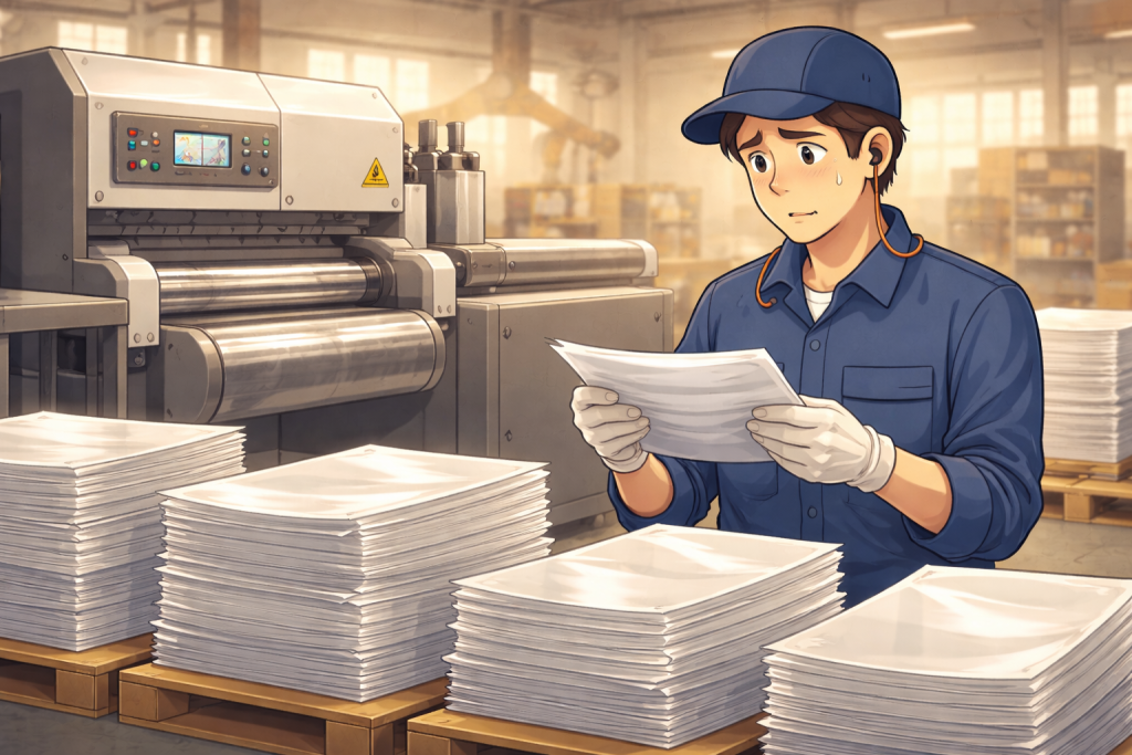 工場内で、精密な機械のそばに積まれた同種の資材を作業員が手に取り、厚みや反りの微妙な違いを確認している温かみのあるアニメ調の横長イラスト。整った機械と不揃いな資材のギャップが伝わる構図になっている。