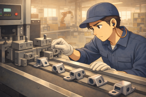 工場の生産ラインで、コンベア上のワークがガイドによって一定の向きと位置に整えられ、作業員が真剣な表情で機械を調整している温かみのあるアニメ調の横長イラスト。精密さと安定感のある流れが伝わる構図になっている。