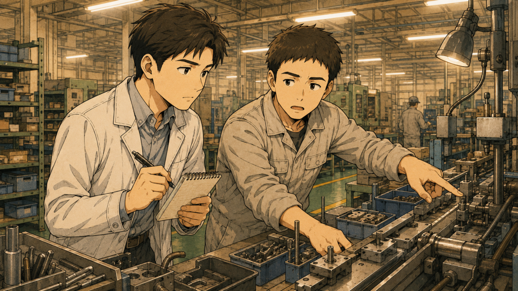 設計者がメモを取りながら、現場スタッフが生産ラインの問題箇所を指差して説明している。
実際に現場に立ち、作業の流れと課題を一緒に確認している場面のイラスト。