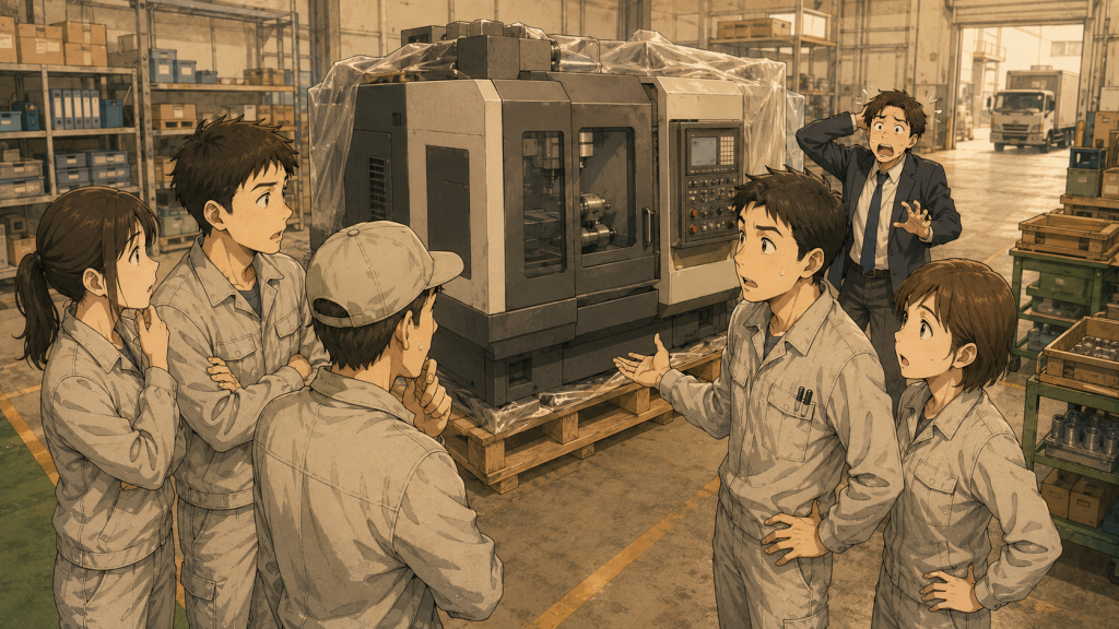 納品された機械を前に、困惑した表情で顔を見合わせる現場スタッフたち。
背後でスーツ姿の担当者が頭を抱えている。
現場に知らせないまま機械導入が進んだ場面を描いたイラスト。