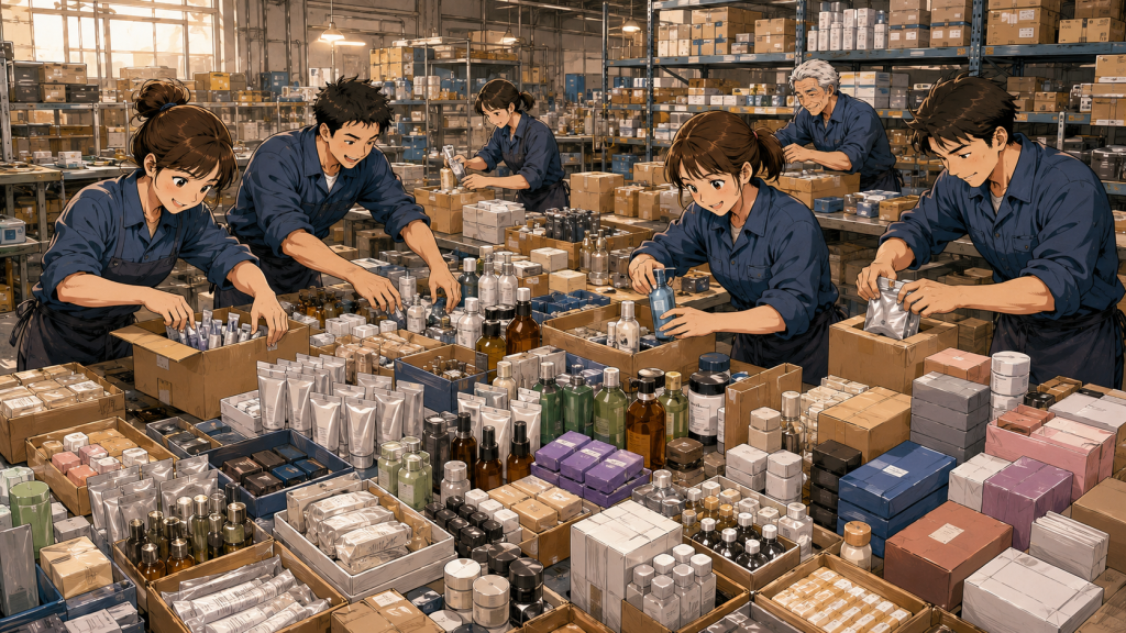 様々な種類・サイズの化粧品や箱が広がる作業台で、
複数のスタッフが手際よく仕分けや箱詰めをしている。
奥にはベテランの年配スタッフも見える。
多品種小ロット対応の手作業包装現場を描いたイラスト。