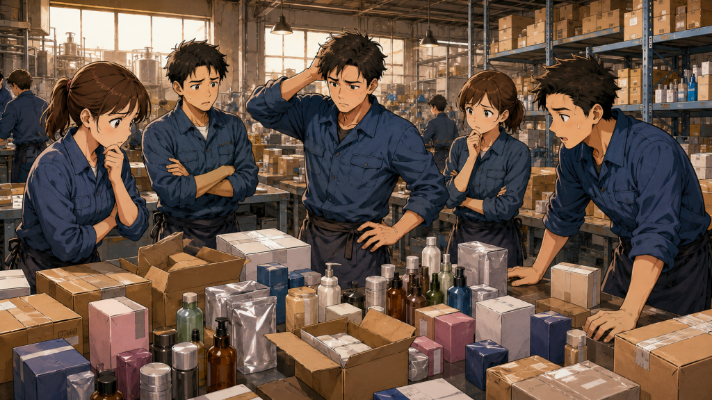 多品種の化粧品や箱が並ぶ作業台の前で、
若い作業者たちが困惑した表情で顔を見合わせている。
ベテランがいなければ判断できない、
手作業現場の属人化問題を表したイラスト。